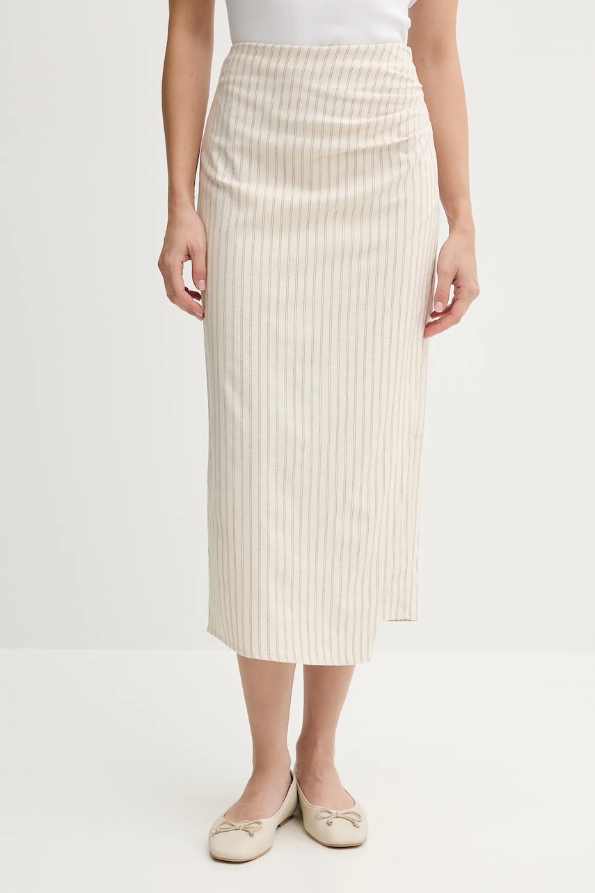 Sukně s příměsí lnu Sisley béžová barva, midi, 45ICL002P