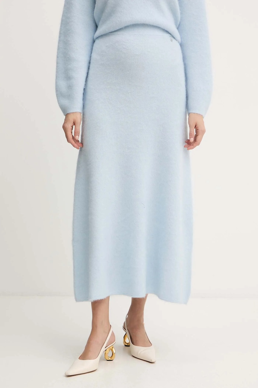 Sukně s příměsí vlny BOSS Orange C_Fici modrá barva, maxi, áčková, 50548955