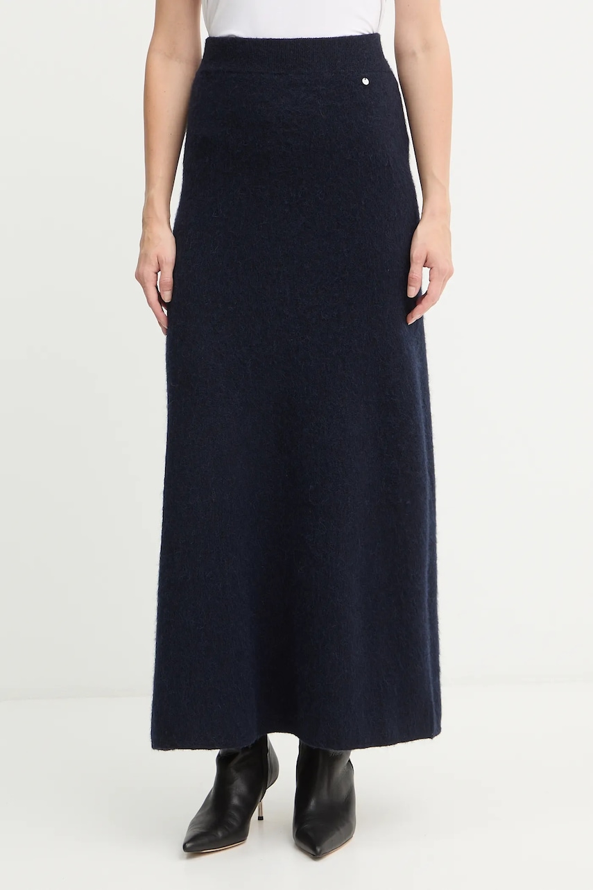 Sukně s příměsí vlny BOSS Orange C_Fici tmavomodrá barva, maxi, áčková, 50548955