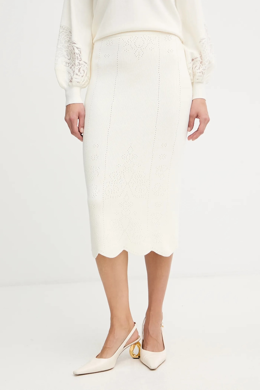 Sukně s příměsí vlny Twinset béžová barva, midi, pouzdrová, 252TT3215