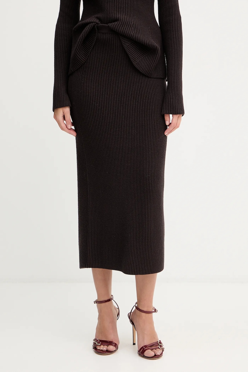 Sukně s příměsí vlny Twinset hnědá barva, midi, 252TT3142