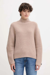 Svetr s příměsí vlny Calvin Klein Jeans hnědá barva, s pologolfem, LV044D329G