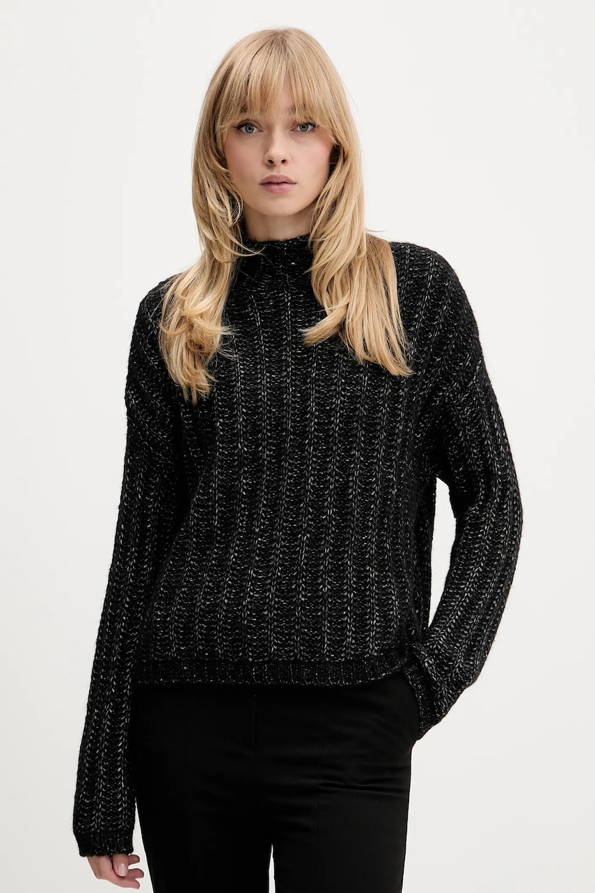 Svetr s příměsí vlny HUGO Safineyny černá barva, s pologolfem, 50550210