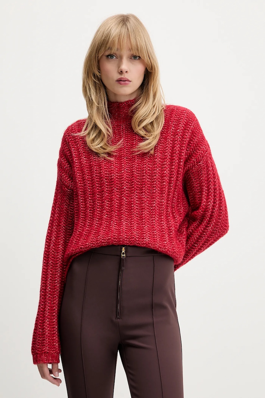 Svetr s příměsí vlny HUGO Safineyny červená barva, s pologolfem, 50550210