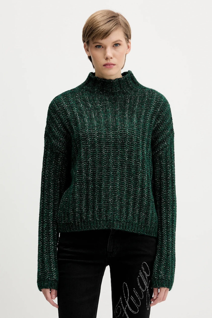 Svetr s příměsí vlny HUGO Safineyny zelená barva, s pologolfem, 50550210
