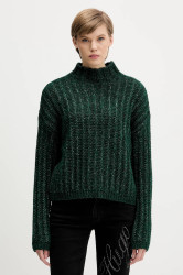 Svetr s příměsí vlny HUGO Safineyny zelená barva, s pologolfem, 50550210