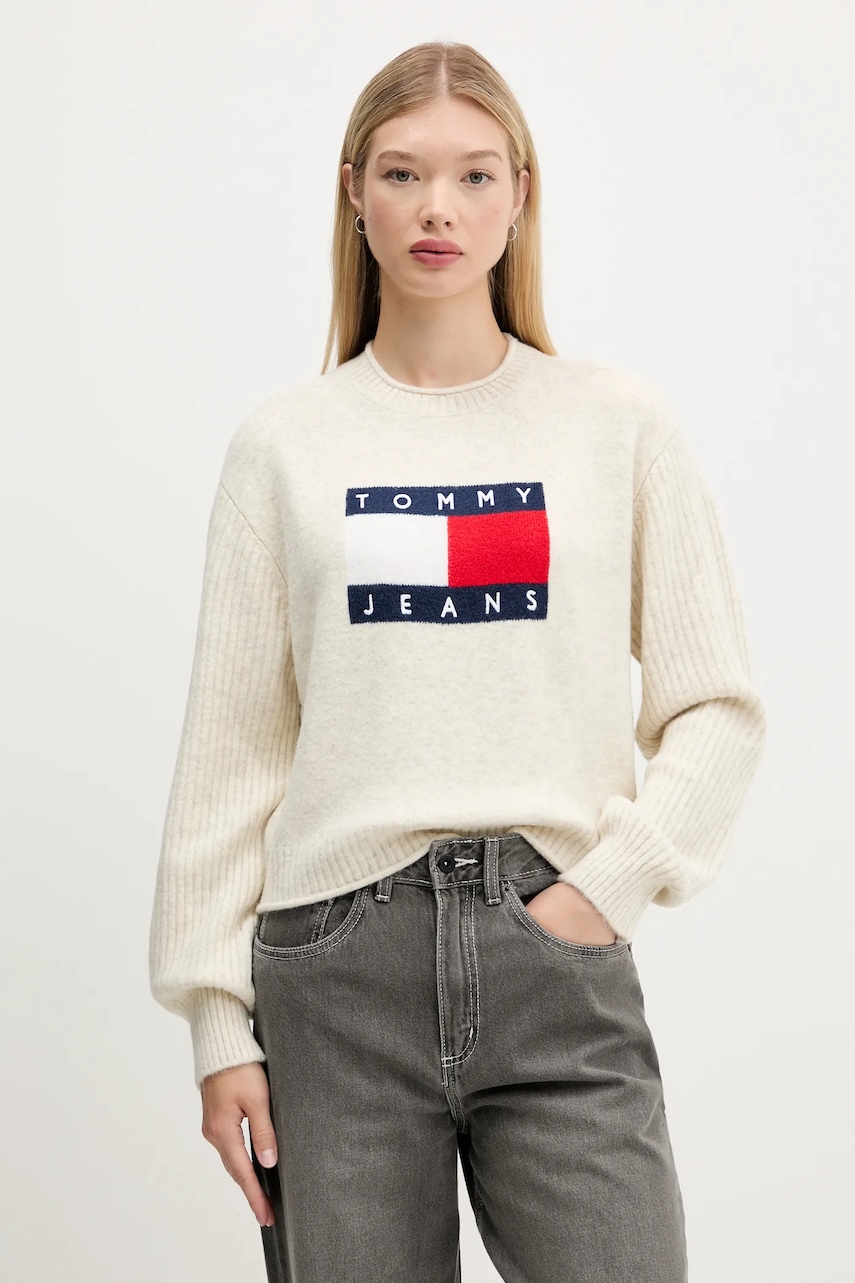 Svetr s příměsí vlny Tommy Jeans béžová barva, DW0DW21782