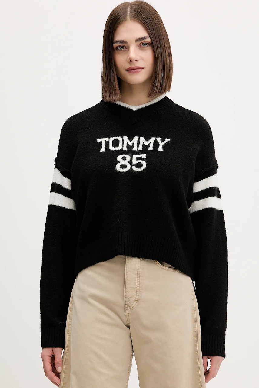 Svetr s příměsí vlny Tommy Jeans černá barva, DW0DW22033