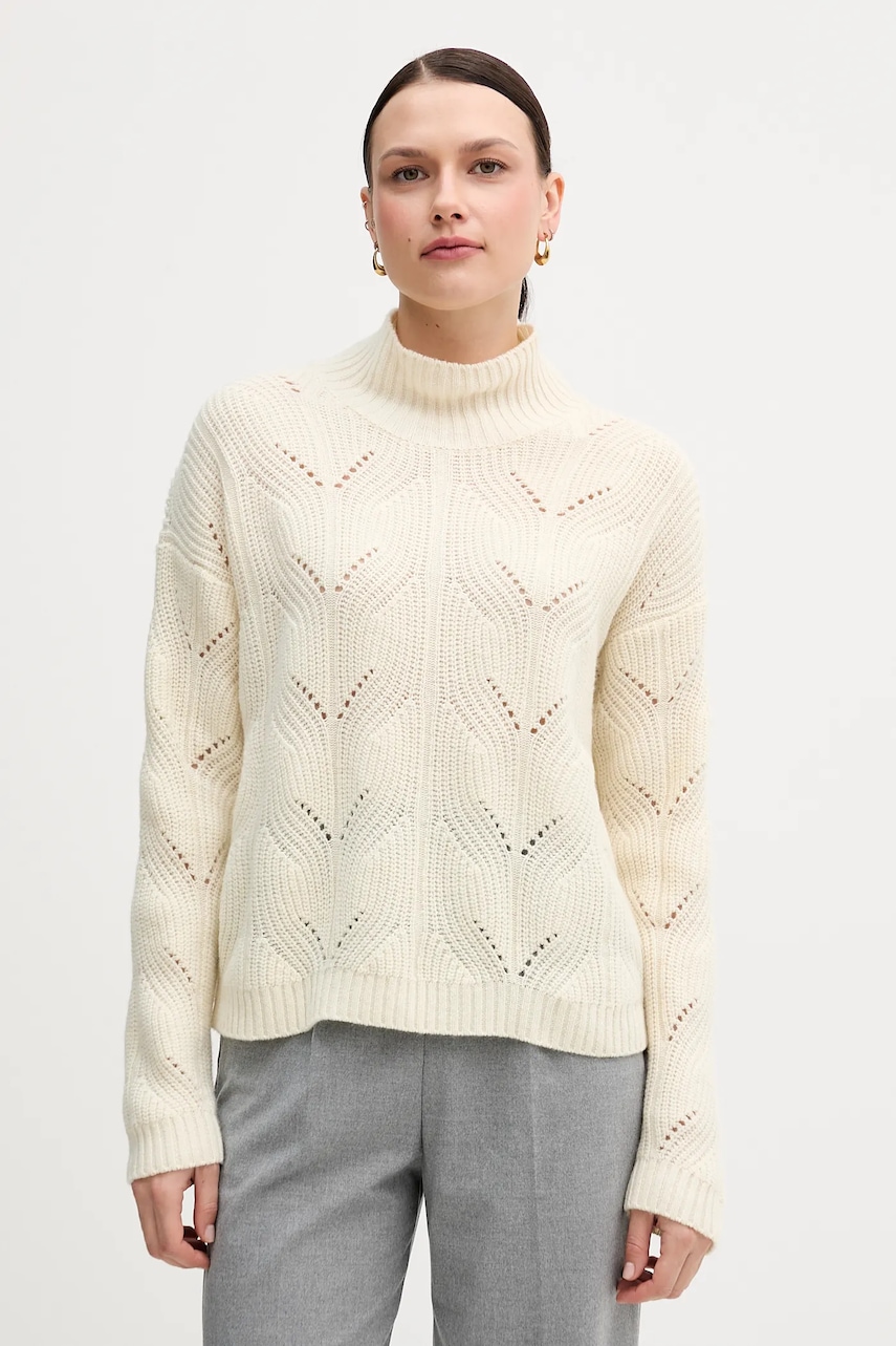 Svetr s příměsí vlny United Colors of Benetton béžová barva, s pologolfem, 1FDFD10F2