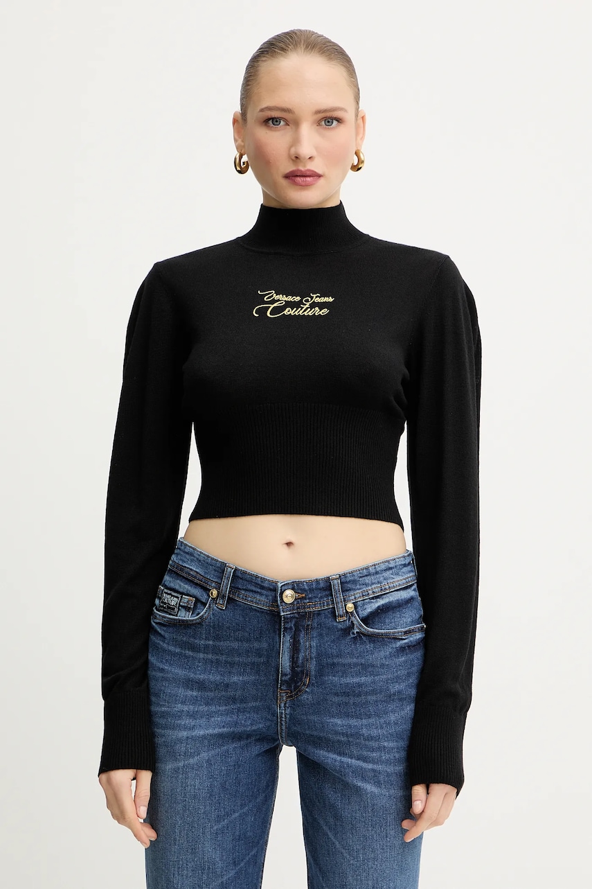 Svetr s příměsí vlny Versace Jeans Couture černá barva, s pologolfem, 79HAFMH8 CMH62