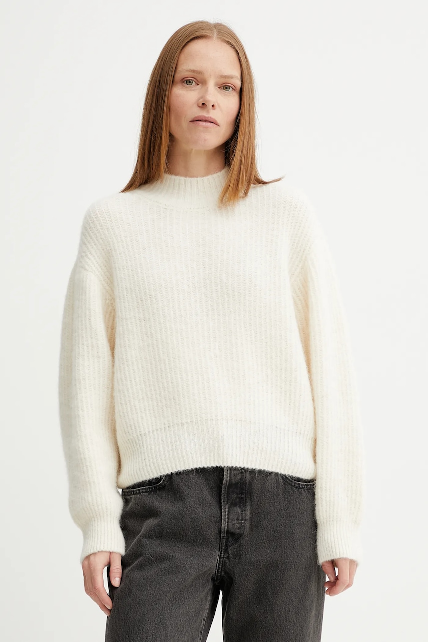 Svetr z vlněné směsi American Vintage dámský, béžová barva, s pologolfem, EAST18Q