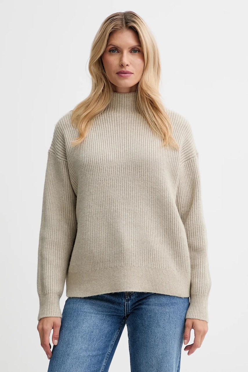 Svetr z vlněné směsi Calvin Klein dámský, béžová barva, s pologolfem, LV044D365G