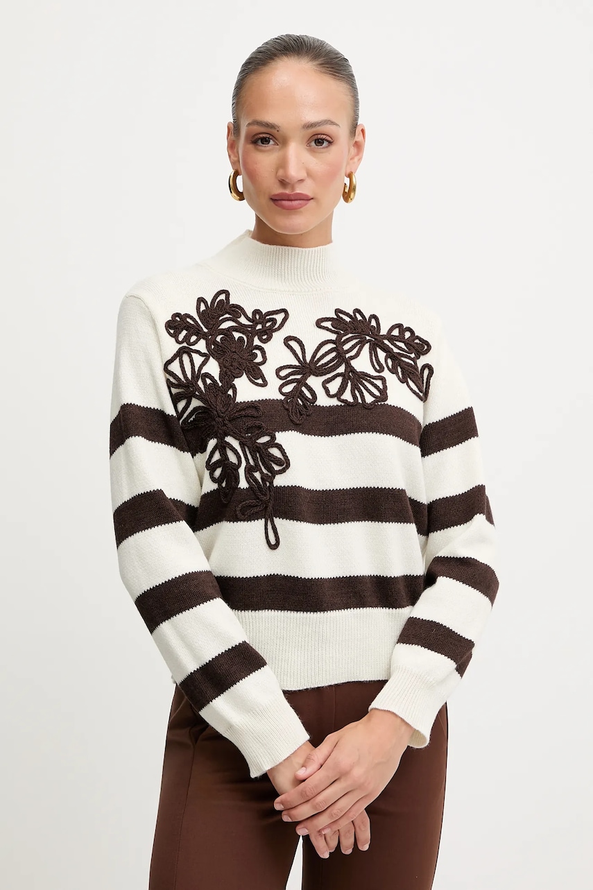 Svetr z vlněné směsi Ermanno Firenze dámský, béžová barva, s pologolfem, 57TM067EA5AP