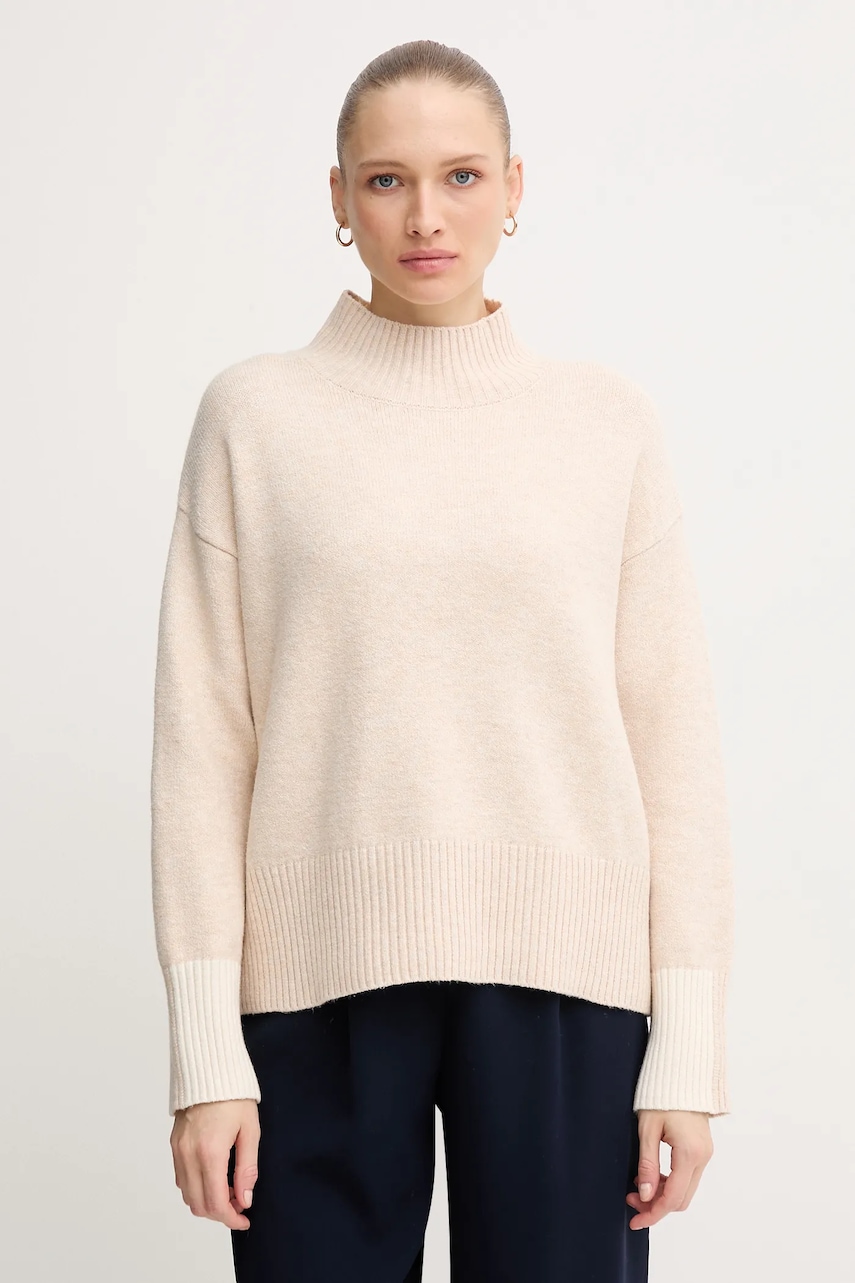 Svetr z vlněné směsi Marc Aurel dámský, béžová barva, s golfem, 8027-8000-82089