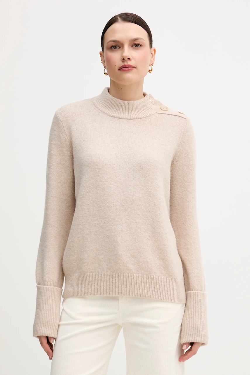 Svetr z vlněné směsi Marc Aurel dámský, béžová barva, s pologolfem, 8064-8000-82028