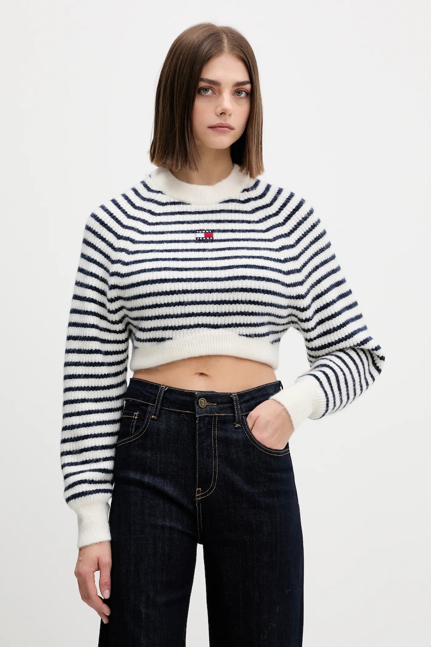 Svetr z vlněné směsi Tommy Jeans dámský, bílá barva, DW0DW21677