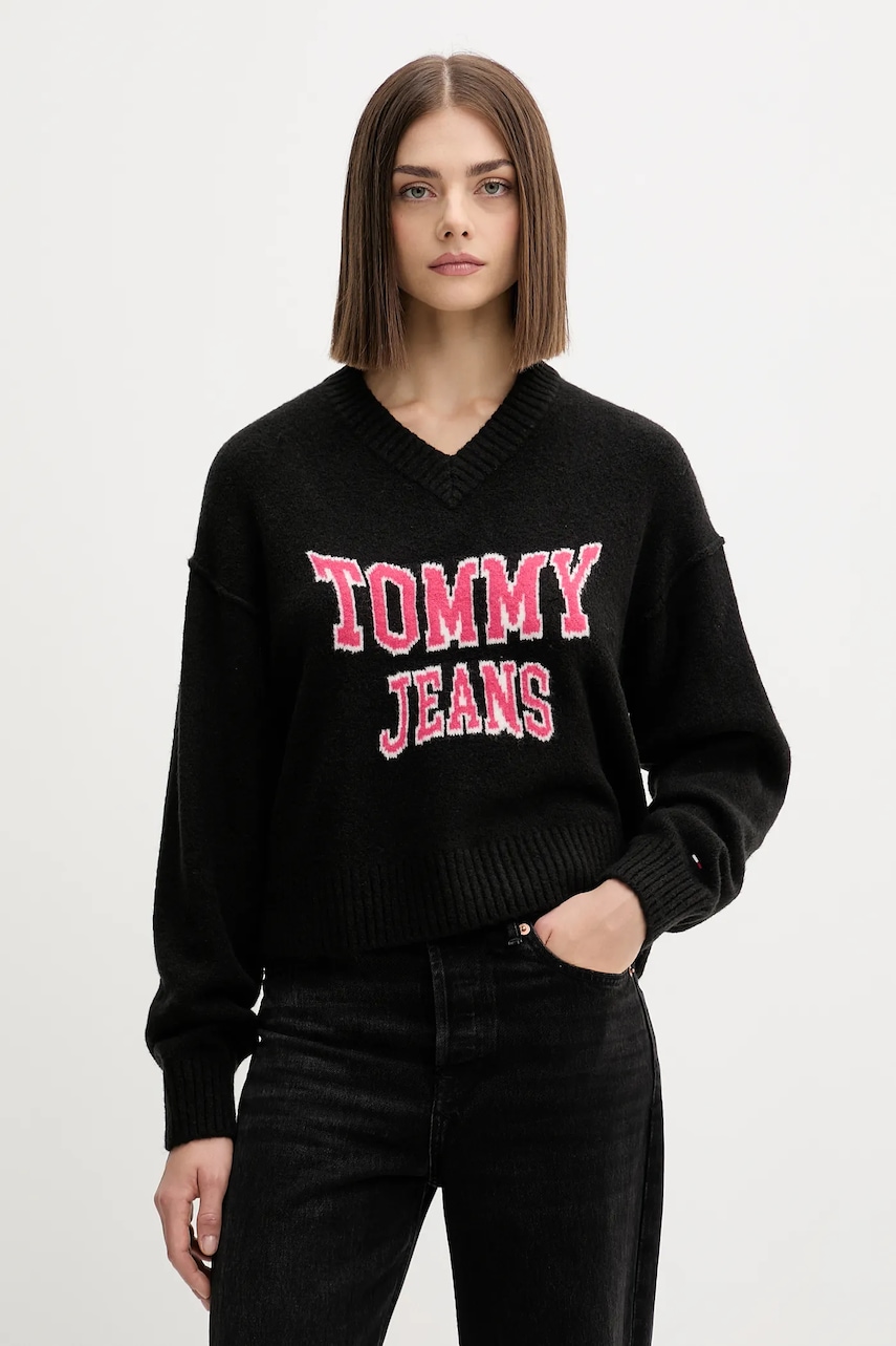 Svetr z vlněné směsi Tommy Jeans dámský, černá barva, DW0DW21711
