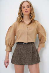 Trend Alaçatı Stili Women's Dark Beige Balloon Sleeve Basic Poplin Shirt