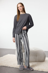 Trendyol Anthracite 100% Cotton Striped Knitted Pajama Set