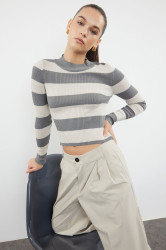 Trendyol Anthracite Crop Cotton Color Block Knit Sweater