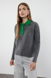 Trendyol Anthracite Soft Texture Polo Collar Color Block Knitwear Sweater