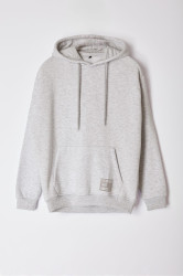Trendyol Basic Šedá Pánská Oversize/Široký Střih Mikina s Kapucí a Nápisem z Fleece Uvnitř Bavlněná
