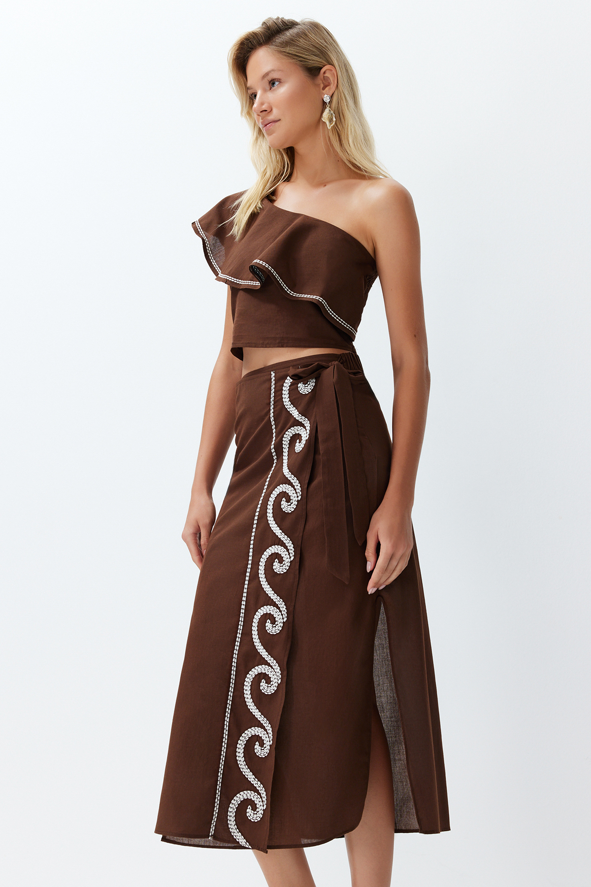 Trendyol Beach Wear Brown Woven Flounce One Shoulder 100% Cotton Blouse Skirt Set