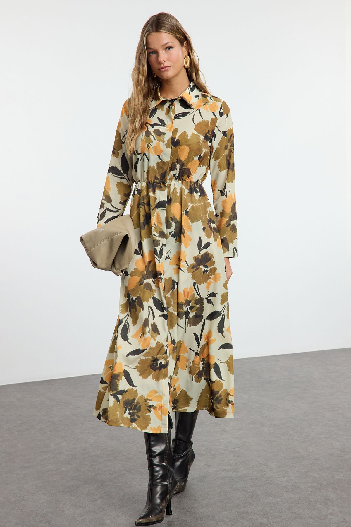 Trendyol Beige Floral Print Pleated Woven Button Shirt Dress