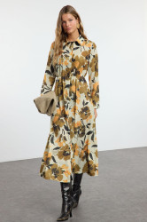 Trendyol Beige Floral Print Pleated Woven Button Shirt Dress