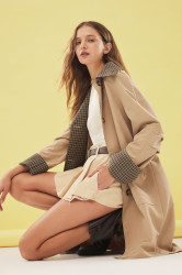 Trendyol Beige Plaid Lined Regular Midi Trench Coat