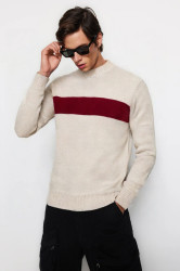 Trendyol Beige Regular Crew Neck Color Block Knitwear Sweater