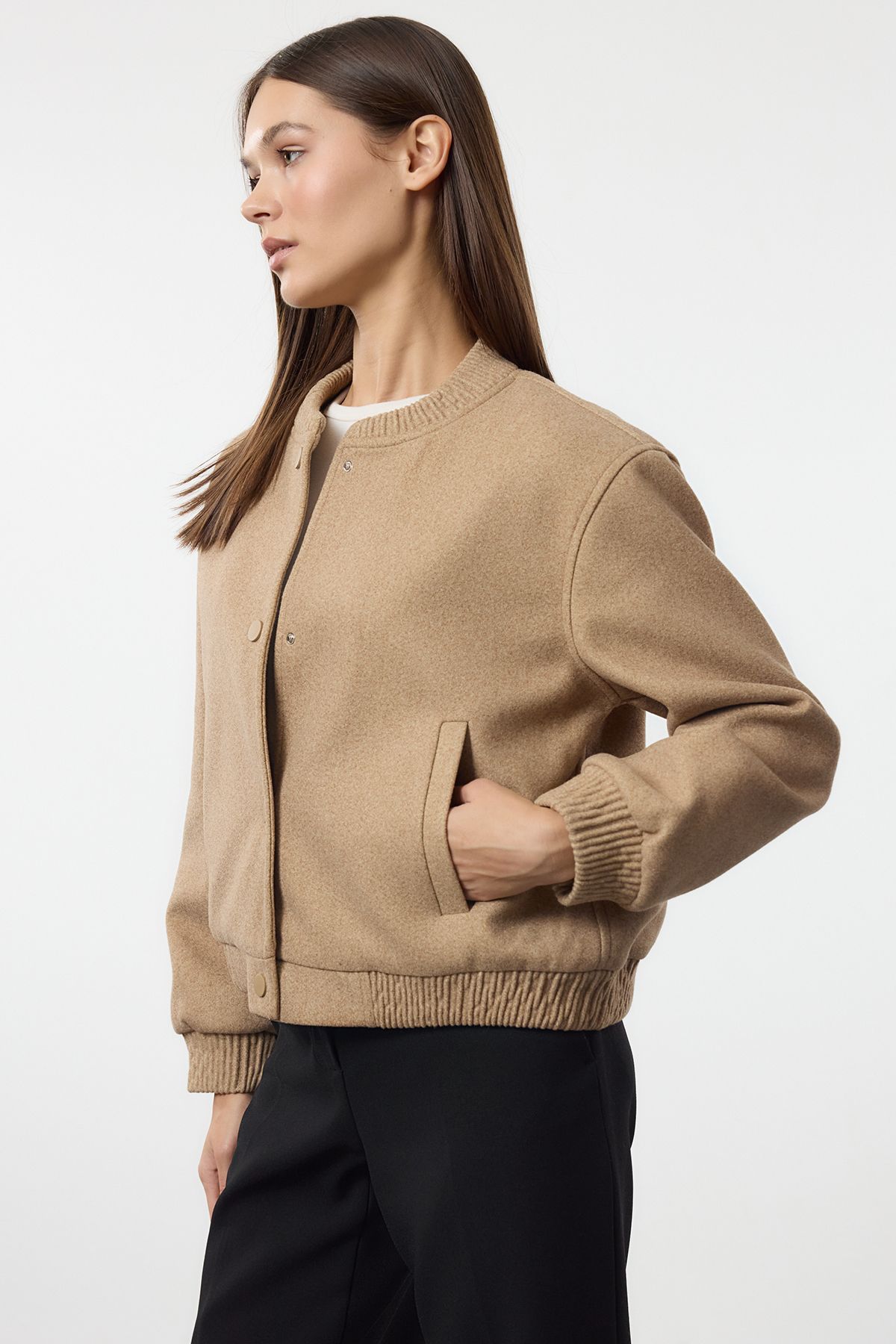 Trendyol Beige Stamp Bomber Jacket Coat