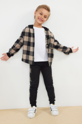Trendyol Black 3-Piece Boy Plaid T-shirt Pants Shirt Set Cotton Knitted Bottom-Top Set