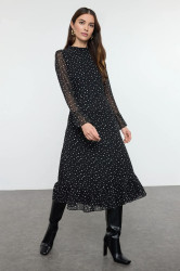 Trendyol Black and White Polka Dot Patterned A-Line Midi Lined Chiffon Woven Winter Dress