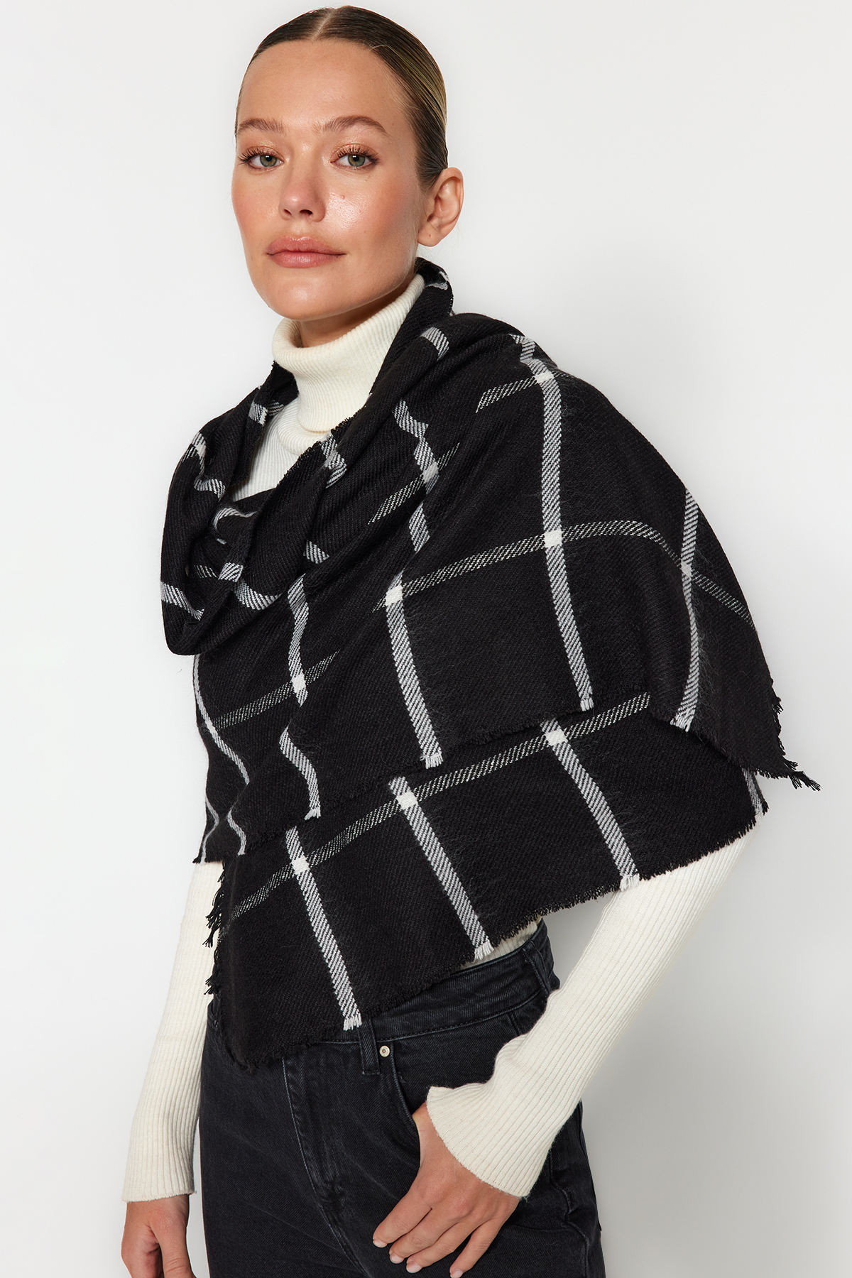 Trendyol Black Checkered Soft Textured Scarf