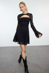 Trendyol Black Corset Detailed Knitted Lace Chic Mini Evening Dress