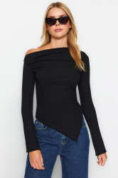 Trendyol Black Draped Boat Neck Asymmetric Flexible Long Sleeve Knitted Blouse