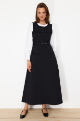 Trendyol Black Gabardine Sash Detailed Sleeveless Woven Gilet Dress