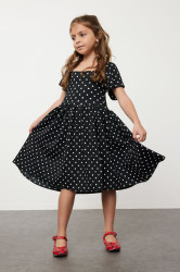 Trendyol Black Girl's Polka Dot Patterned Short Sleeve Dress