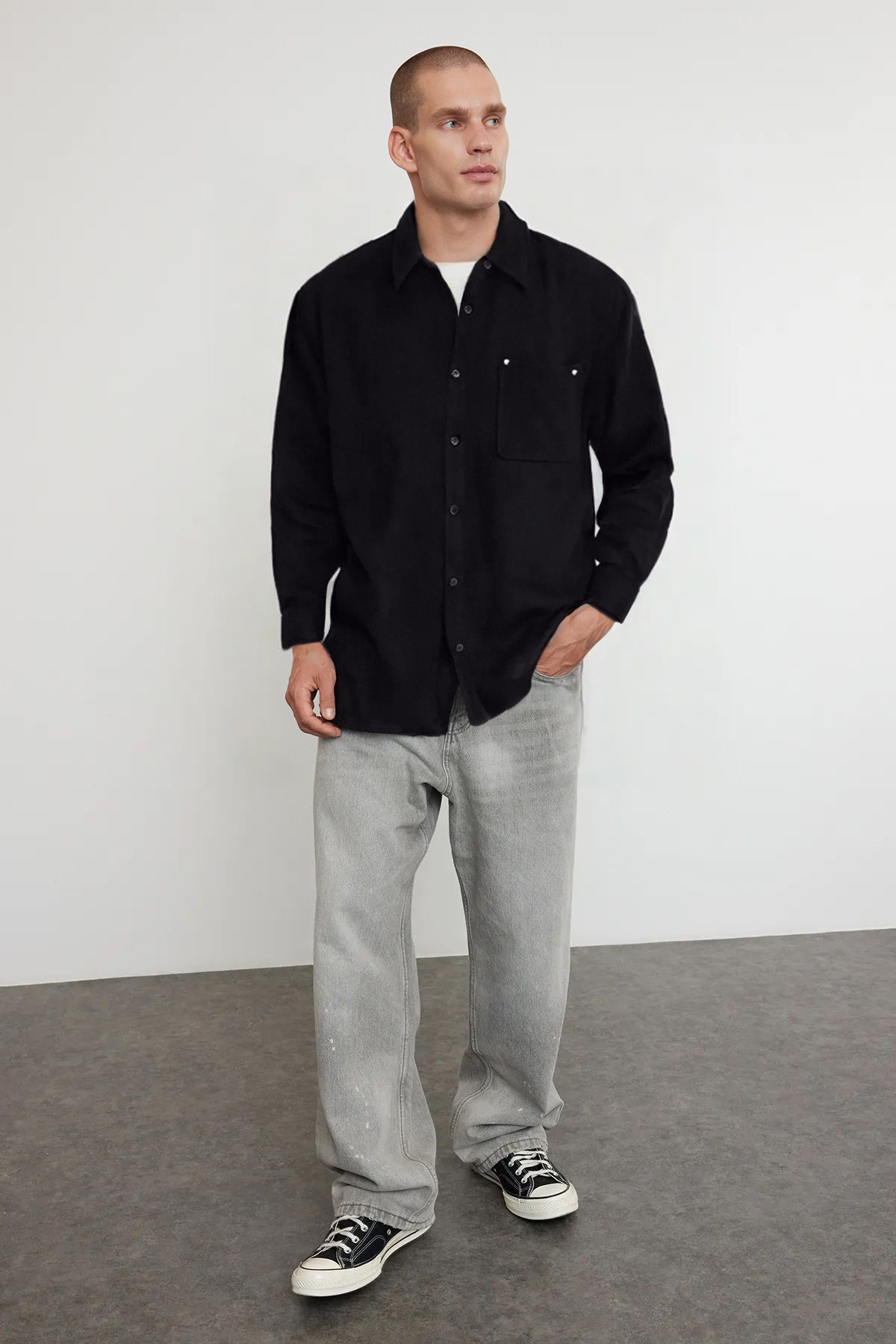 Trendyol Black Oversize Fit Cashmere Winter Textured Shirt