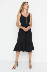 Trendyol Black Skater/Waist Opening Zipper Detail Midi Woven Dress