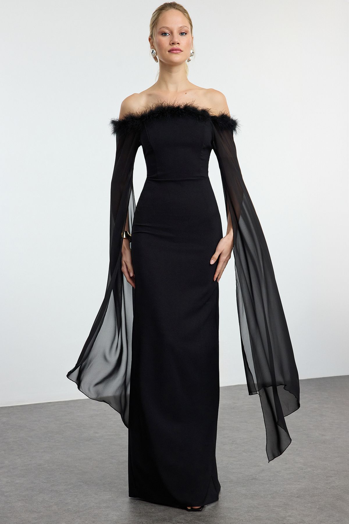 Trendyol Black Sleeve Detailed Otrish Long Elegant Evening Dress