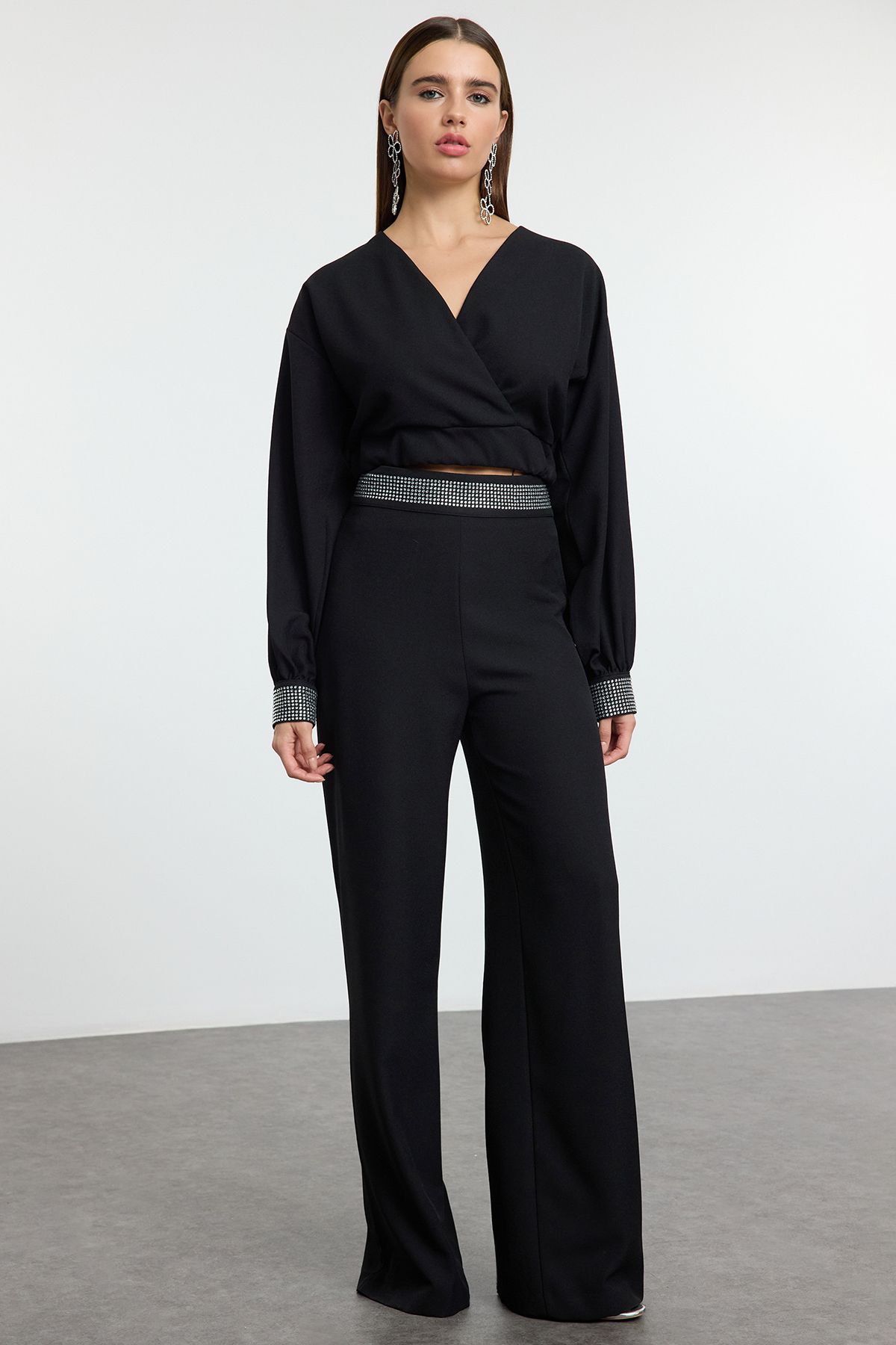 Trendyol Black Stone Print Detail Woven Bottom Top Set TPRSS25AU00004