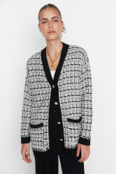 Trendyol Black Wide Fit Tweed Look Silvery Knitwear Cardigan
