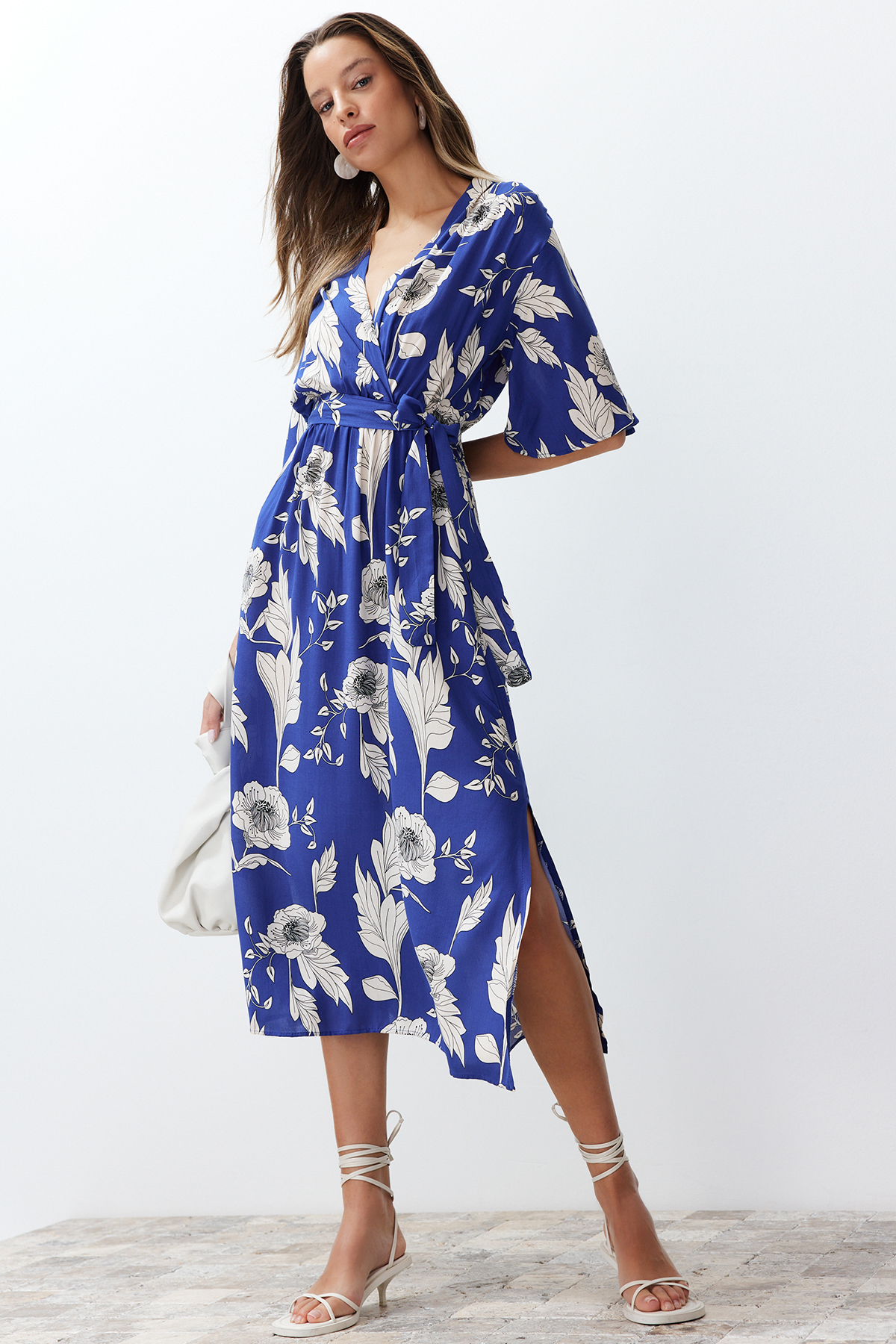 Trendyol Blue Belted Floral Print A-line Double-breasted Collar Midi Woven Dress