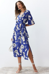 Trendyol Blue Belted Floral Print A-line Double-breasted Collar Midi Woven Dress