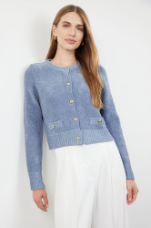 Trendyol Blue Crop Premium Yarn/Special Yarn Pocket Detailed Jacket-Look Knitwear Cardigan
