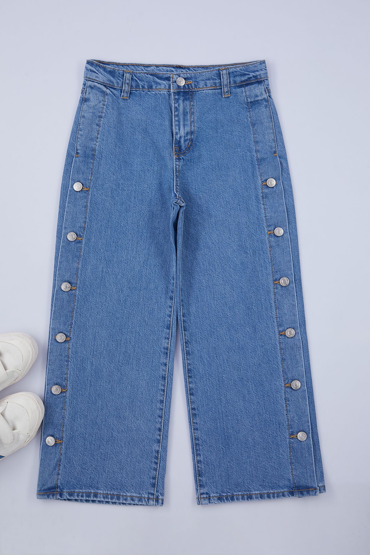 Trendyol Blue Girl Wide Leg Embroidered Cotton Denim Trousers