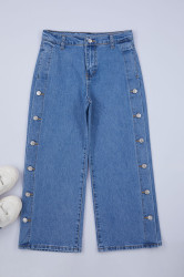 Trendyol Blue Girl Wide Leg Embroidered Cotton Denim Trousers