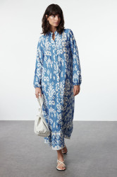 Trendyol Blue Shawl Patterned Linen Look Woven Dress